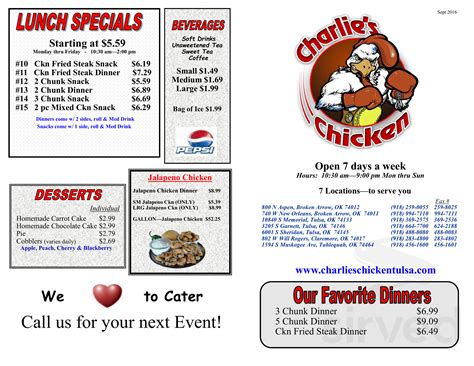Charlie's Chicken of Claremore, Claremore See 39 unbiased reviews of Charlie's Chicken of Claremore, rated 4 of 5 on Tripadvisor and ranked 20 of 71 restaurants in Claremore. . Charlies chicken claremore menu